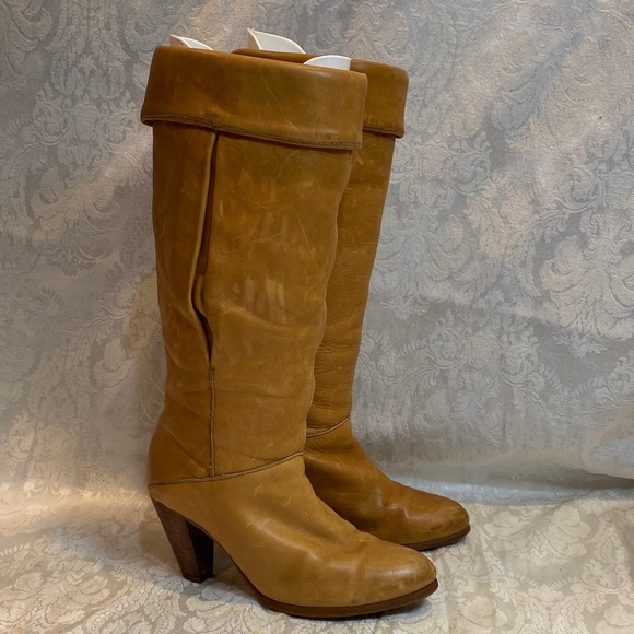 Frye Shoes - Vintage Frye Heeled Campus Tan Leather Knee-High Boots with cuff Size 6